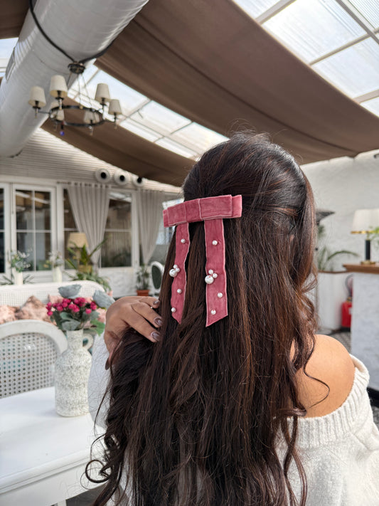 Dusty Rose Velvet Pearl Bow
