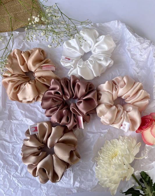 Satin Scrunchies Pack of 5 - Shades of wood