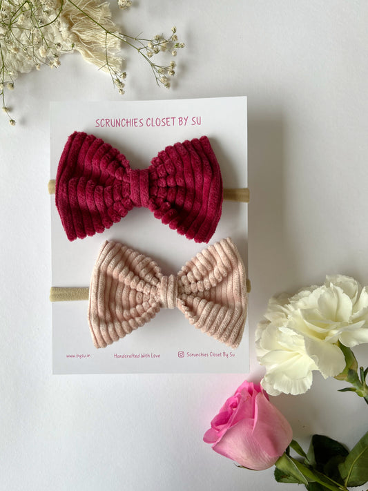 Cozy Pink Corduroy Nylon Bow Headband Combo