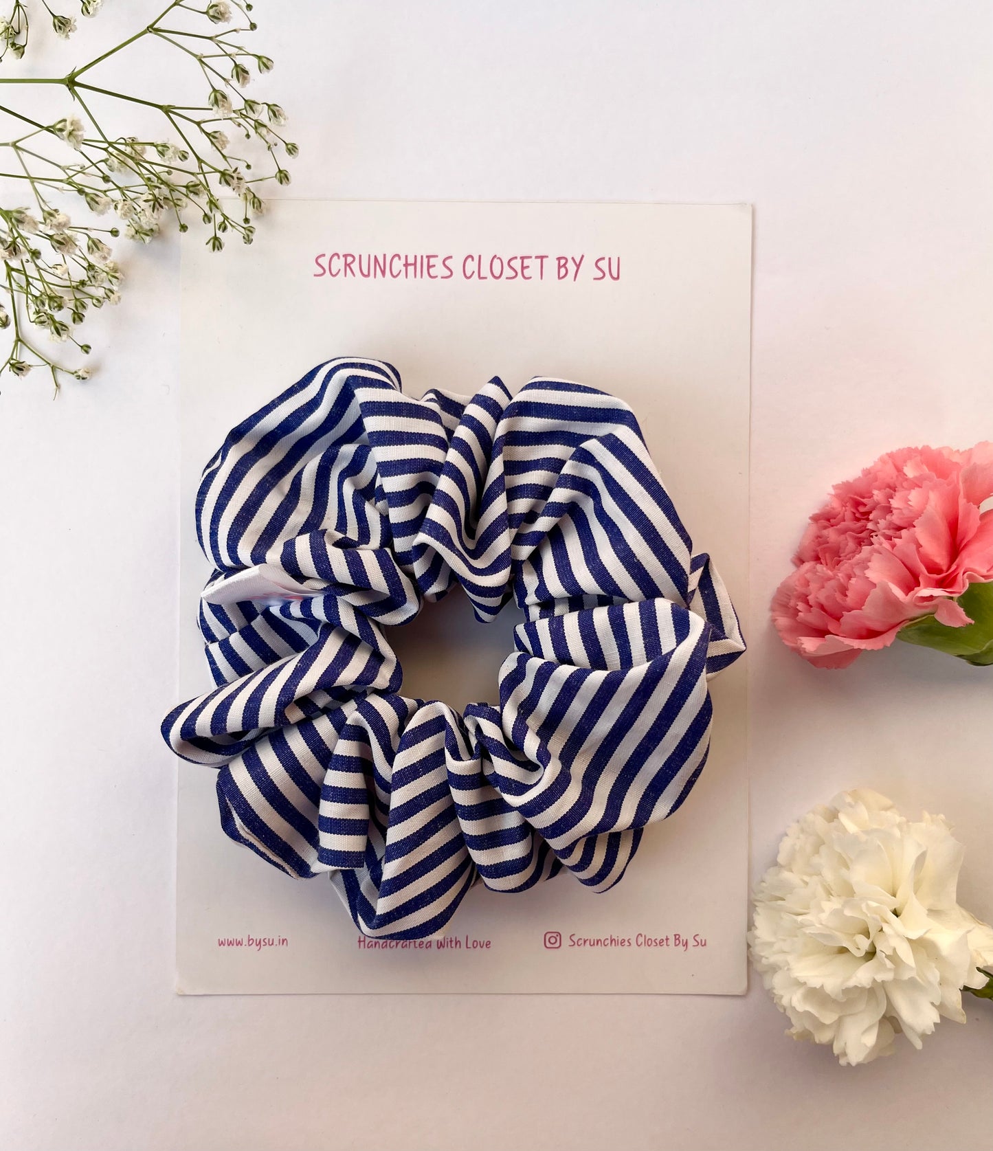 Navy Blue Striped Cotton Scrunchie