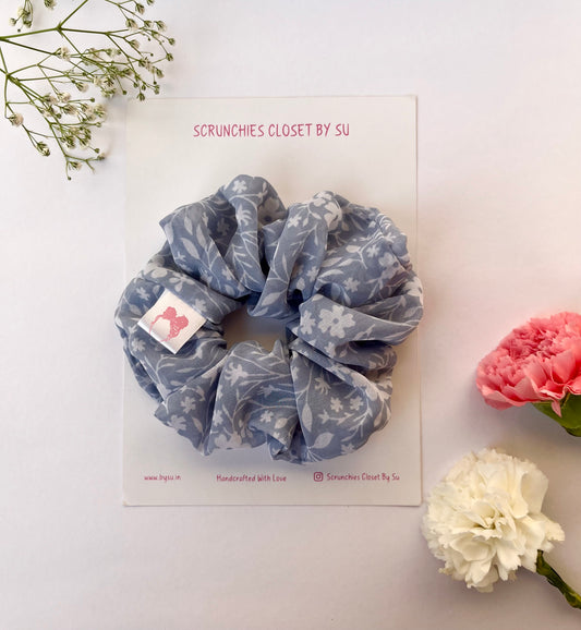 Grey Floral Georgette Scrunchie