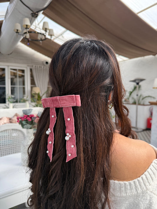 Dusty Rose Velvet Pearl Bow