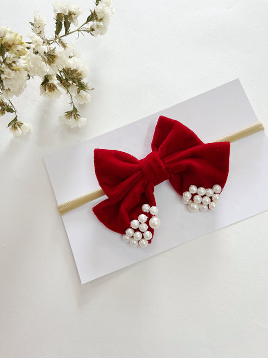 Red Pearl Bow Nylon Headband