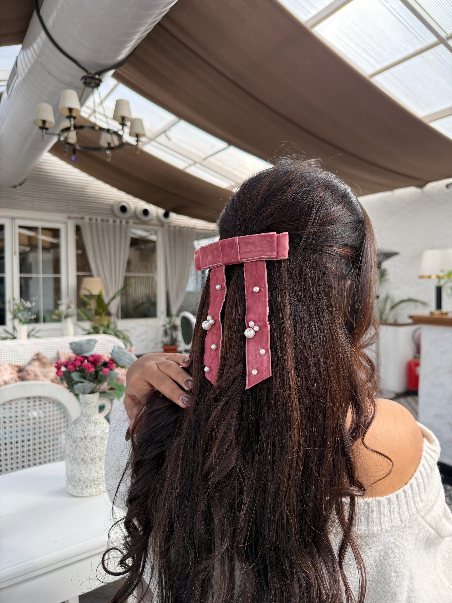 Dusty Rose Velvet Pearl Bow