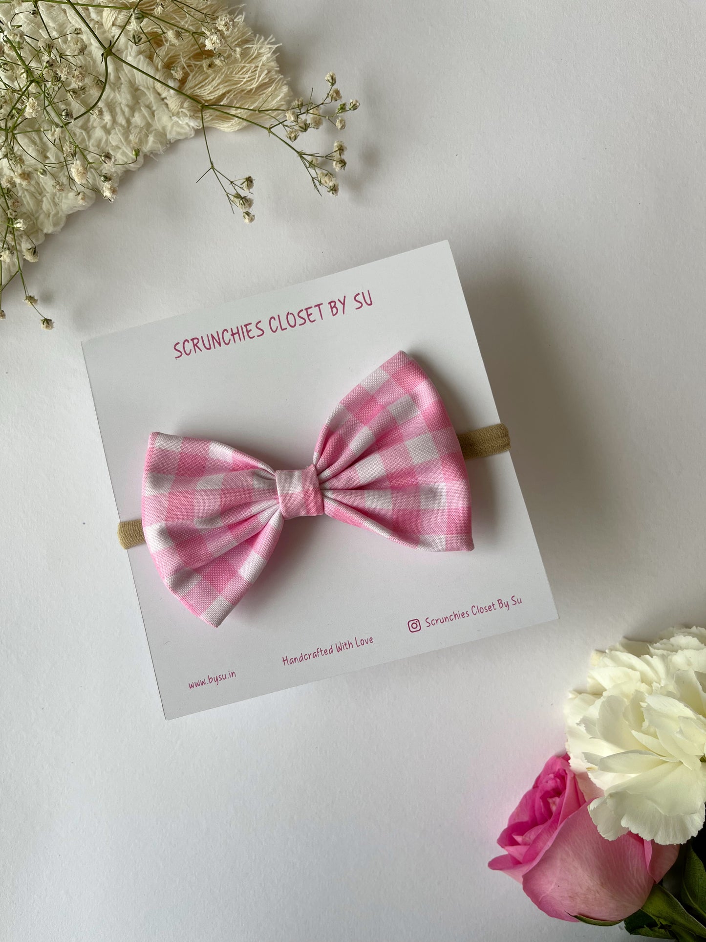 Pink Gingham Nylon Bow Headband