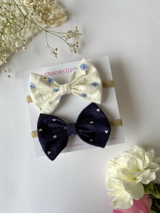 White & Blue Corduroy Nylon Bow Headbands