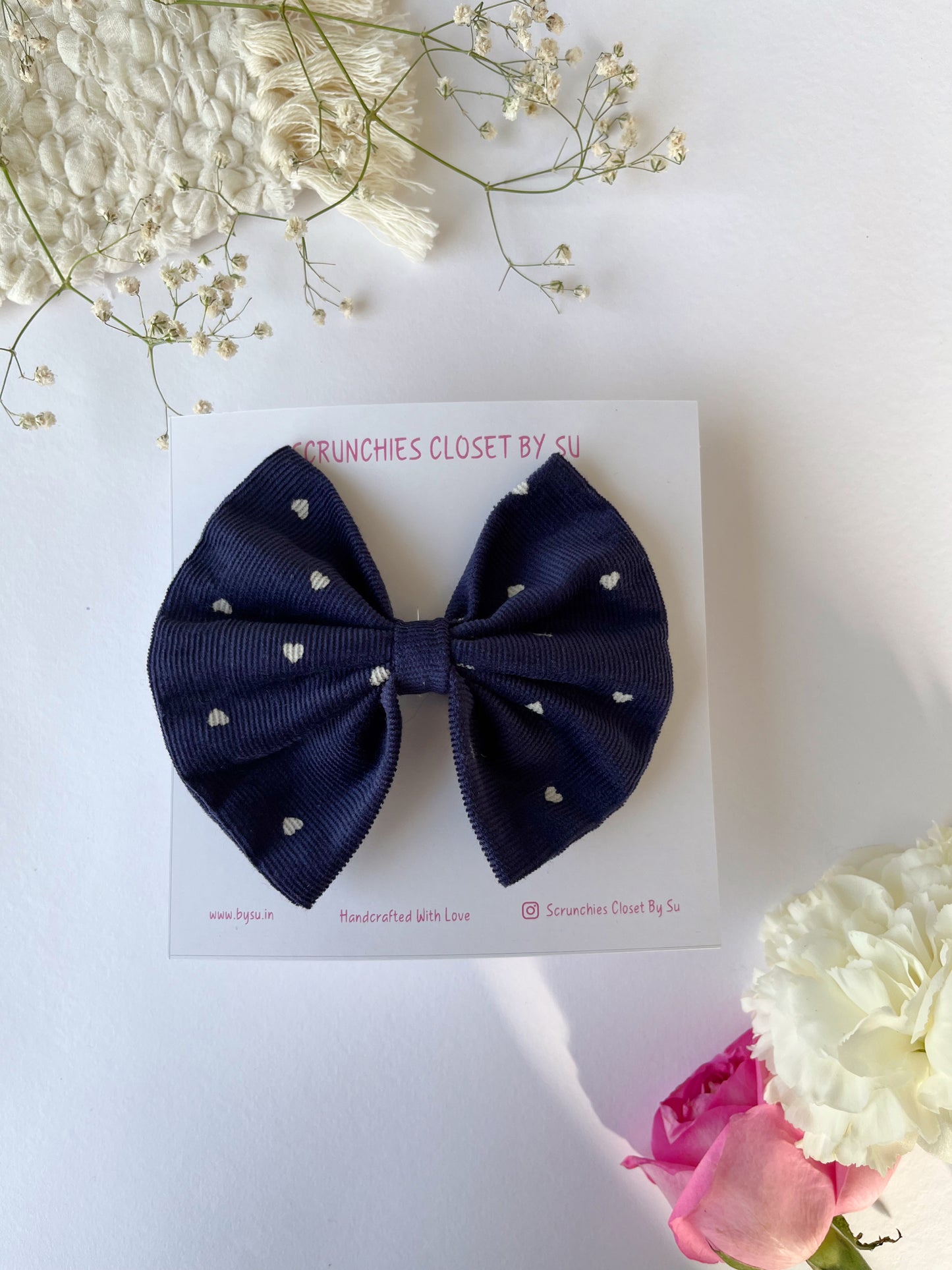 Blue Heart Corduroy Classic Hairbow