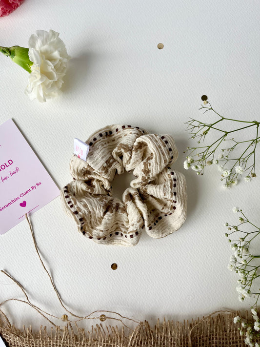 Beige Embroidered Scrunchie