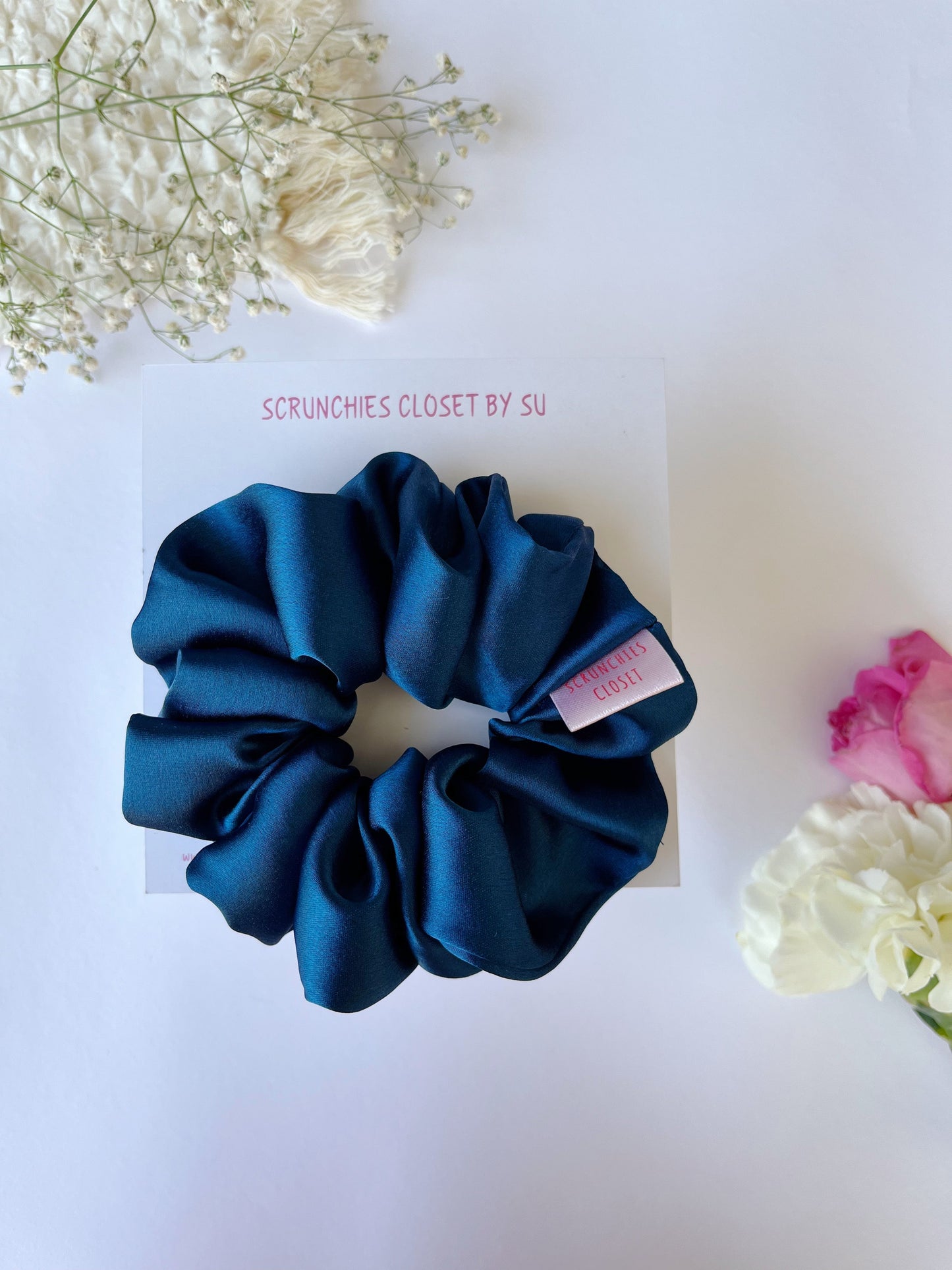 Teal Blue Satin Scrunchie