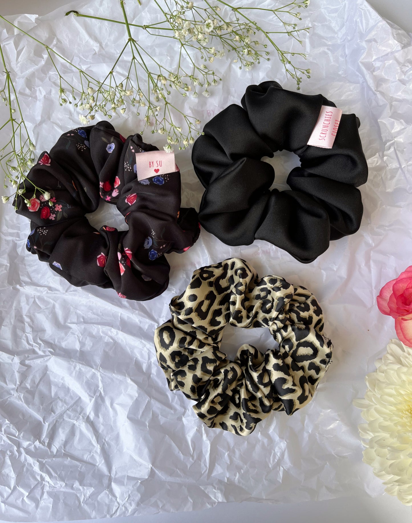 Satin Scrunchies Pack of 3 - Leopard & Floral