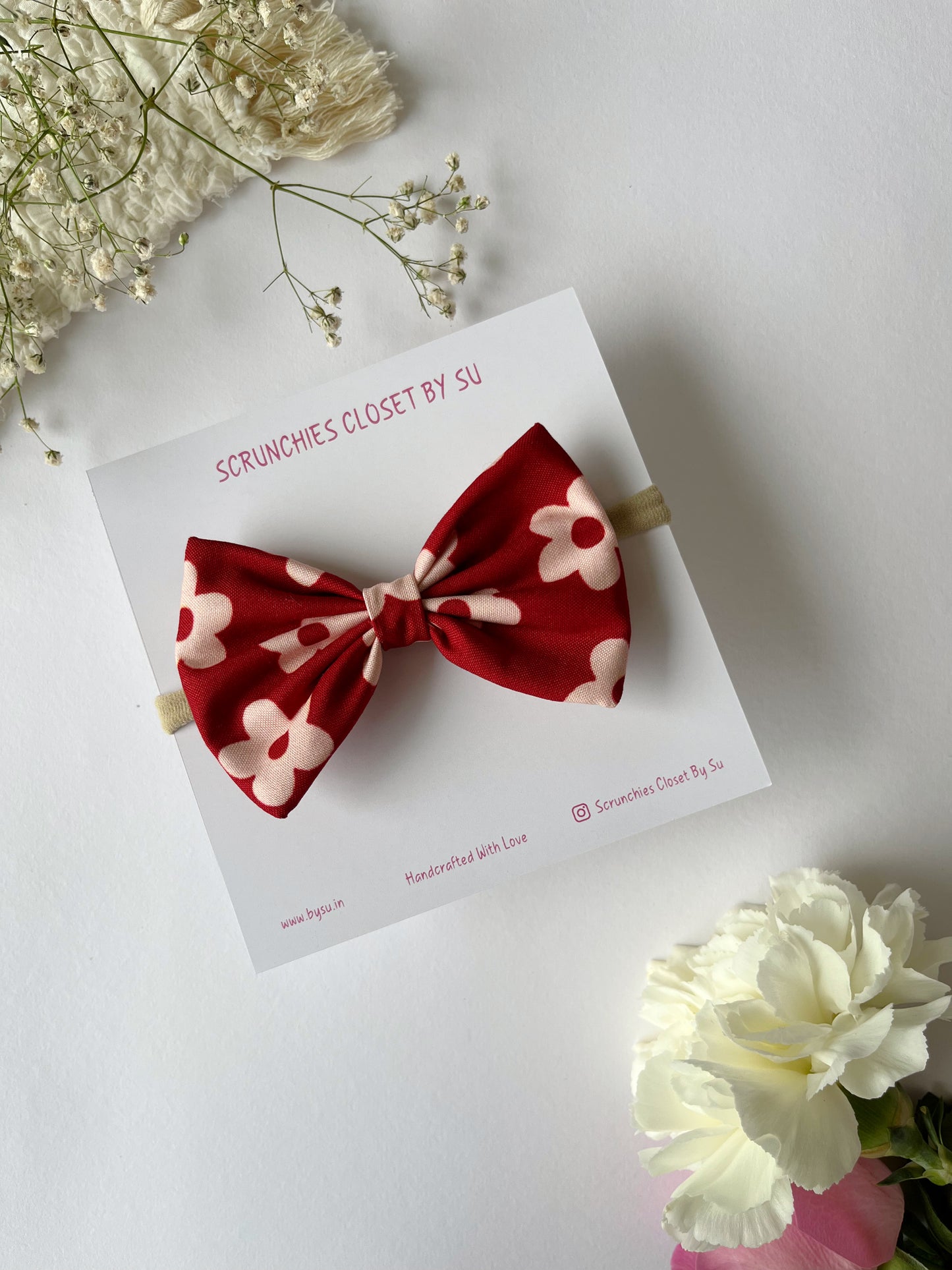 Red Floral Nylon Bow Headband