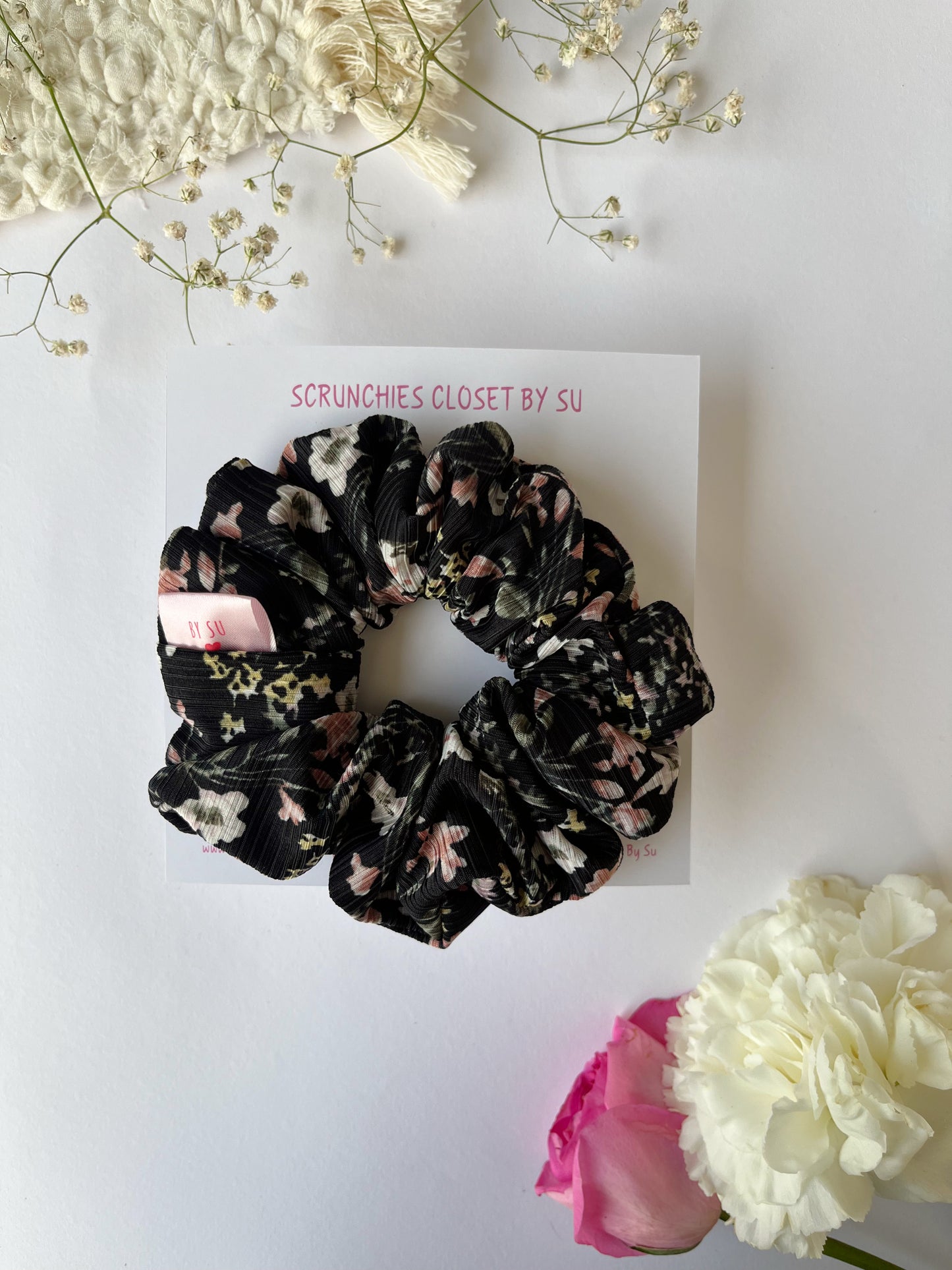 Vintage Black Floral Scrunchie