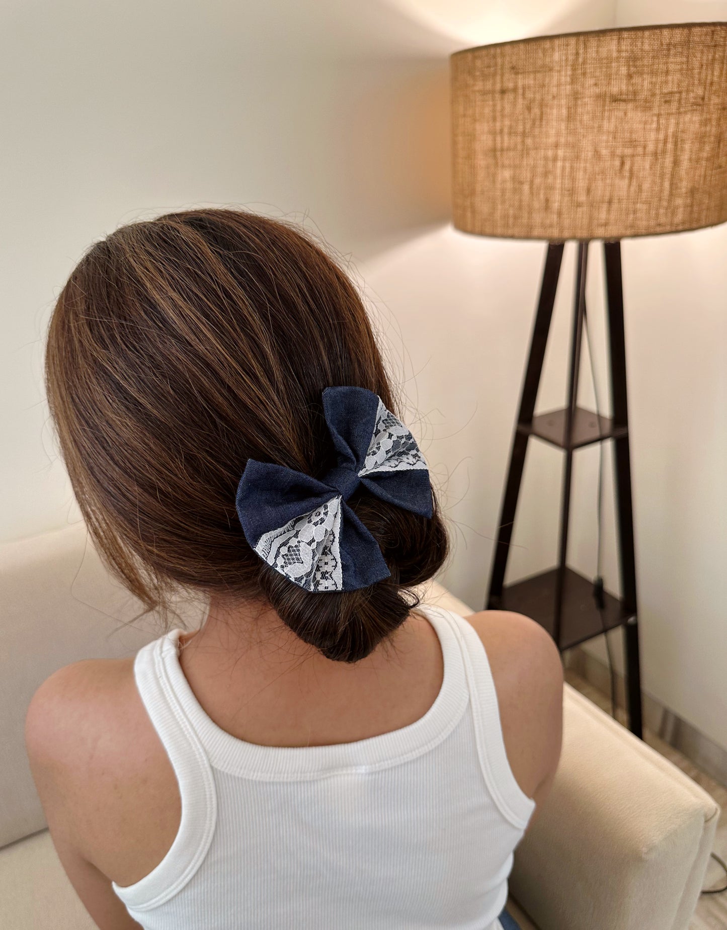 Dark Blue Denim Lace Classic Bow