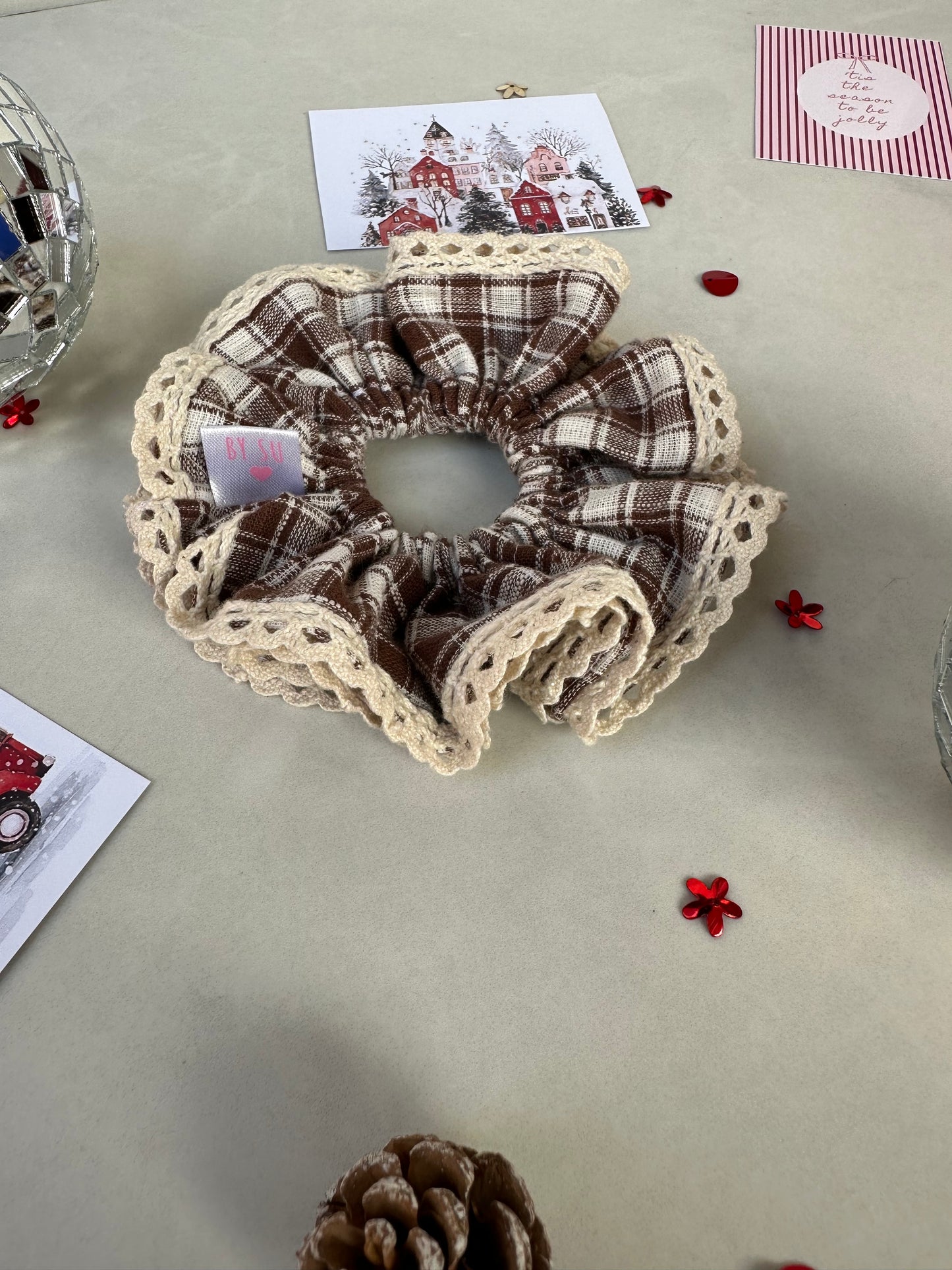 Brown Vintage Lace Scrunchie