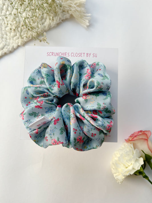 Teal Floral Satin Scrunchie