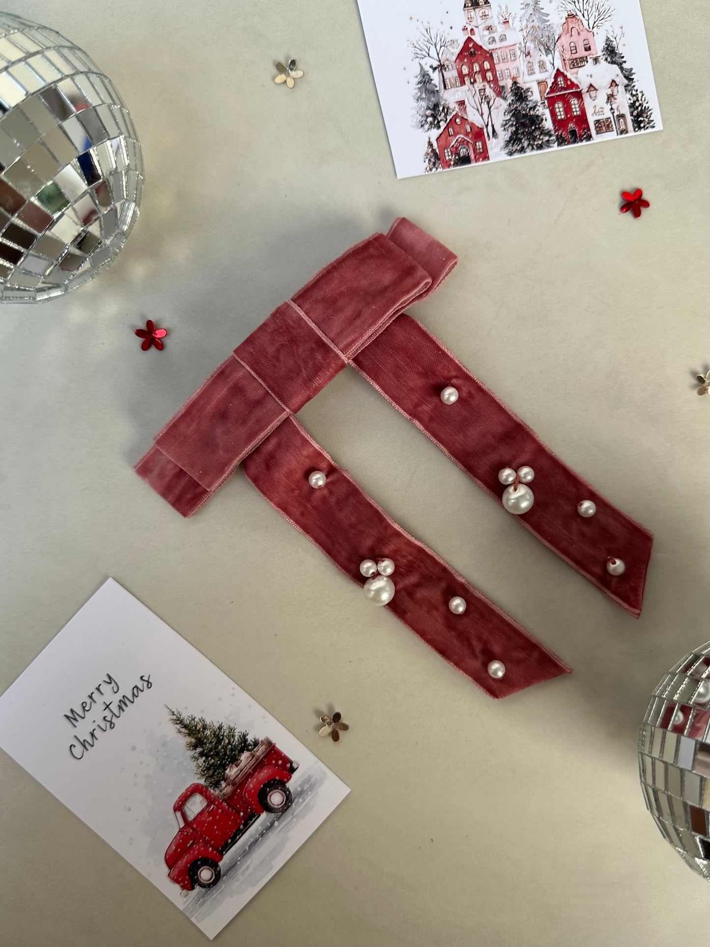 Dusty Rose Velvet Pearl Bow