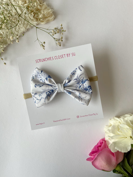 Blue Floral Nylon Bow Headband