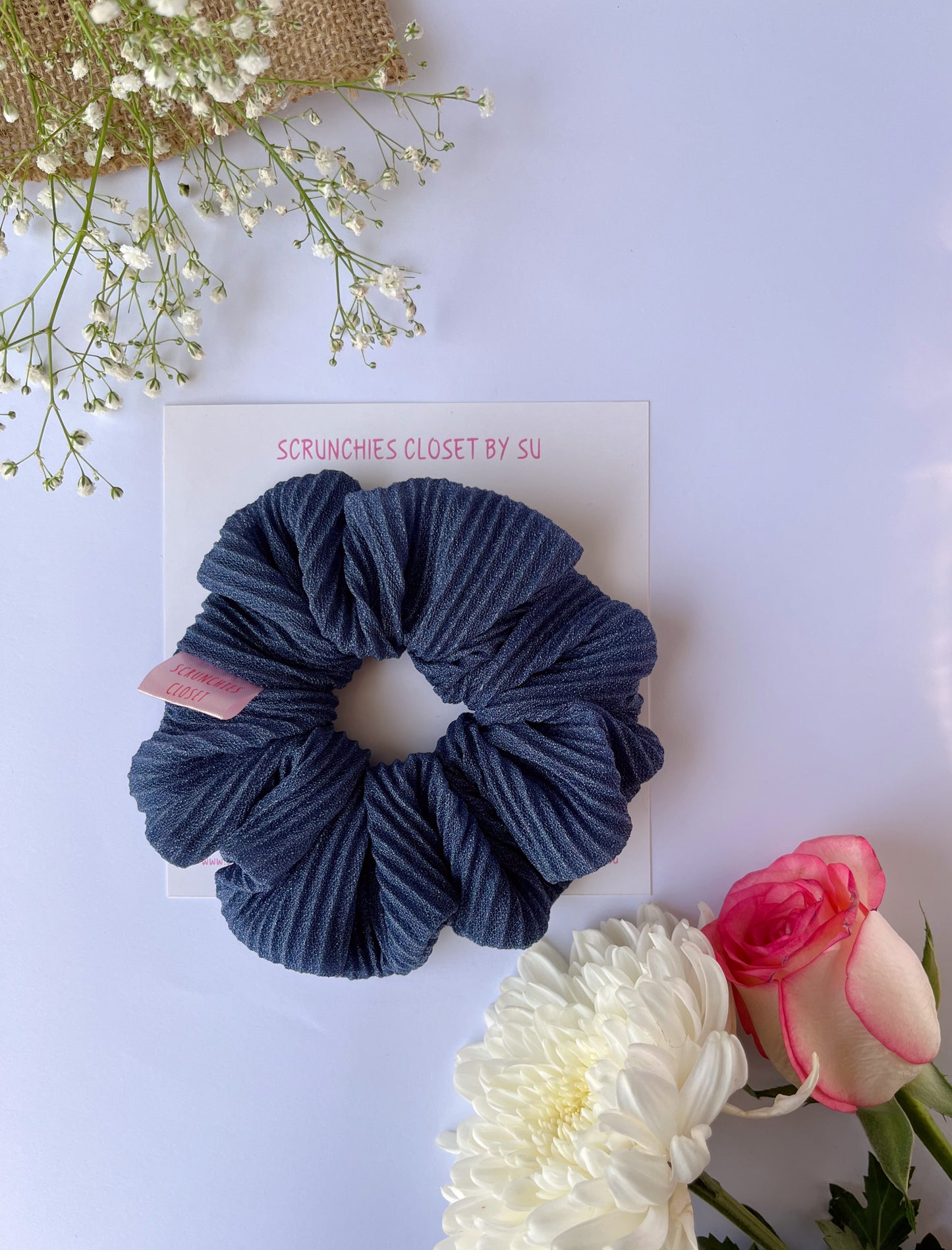 Blue Crepe Pleated Scrunchie