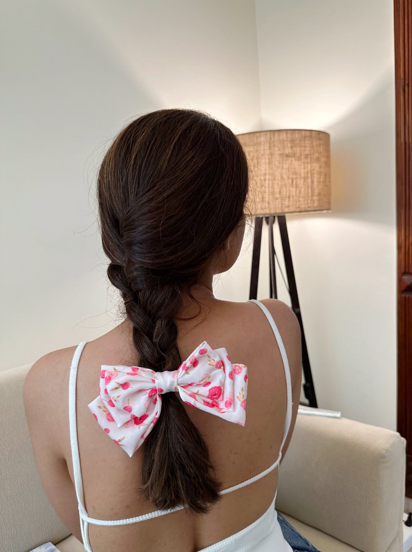 Pink Floral Satin Triple Layered Bow