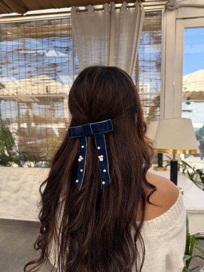 Sapphire Velvet Pearl Bow