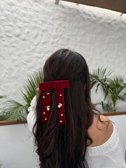 Ruby Woo Velvet Pearl Bow