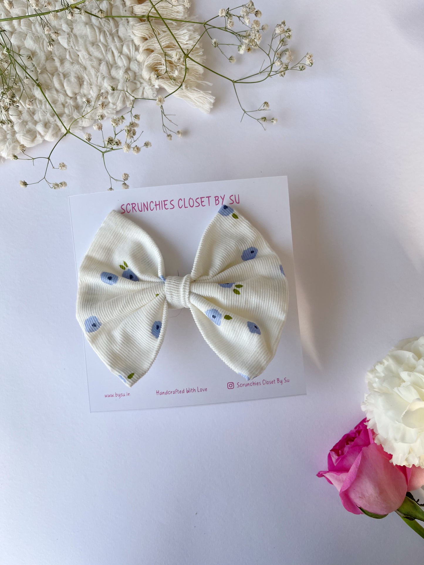 Corduroy White Floral Classic Bow