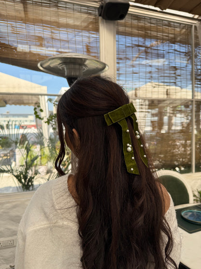 Mossy Meadow Velvet Pearl Bow