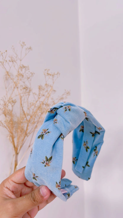 Blue Floral Corduroy Top Knot Hairband