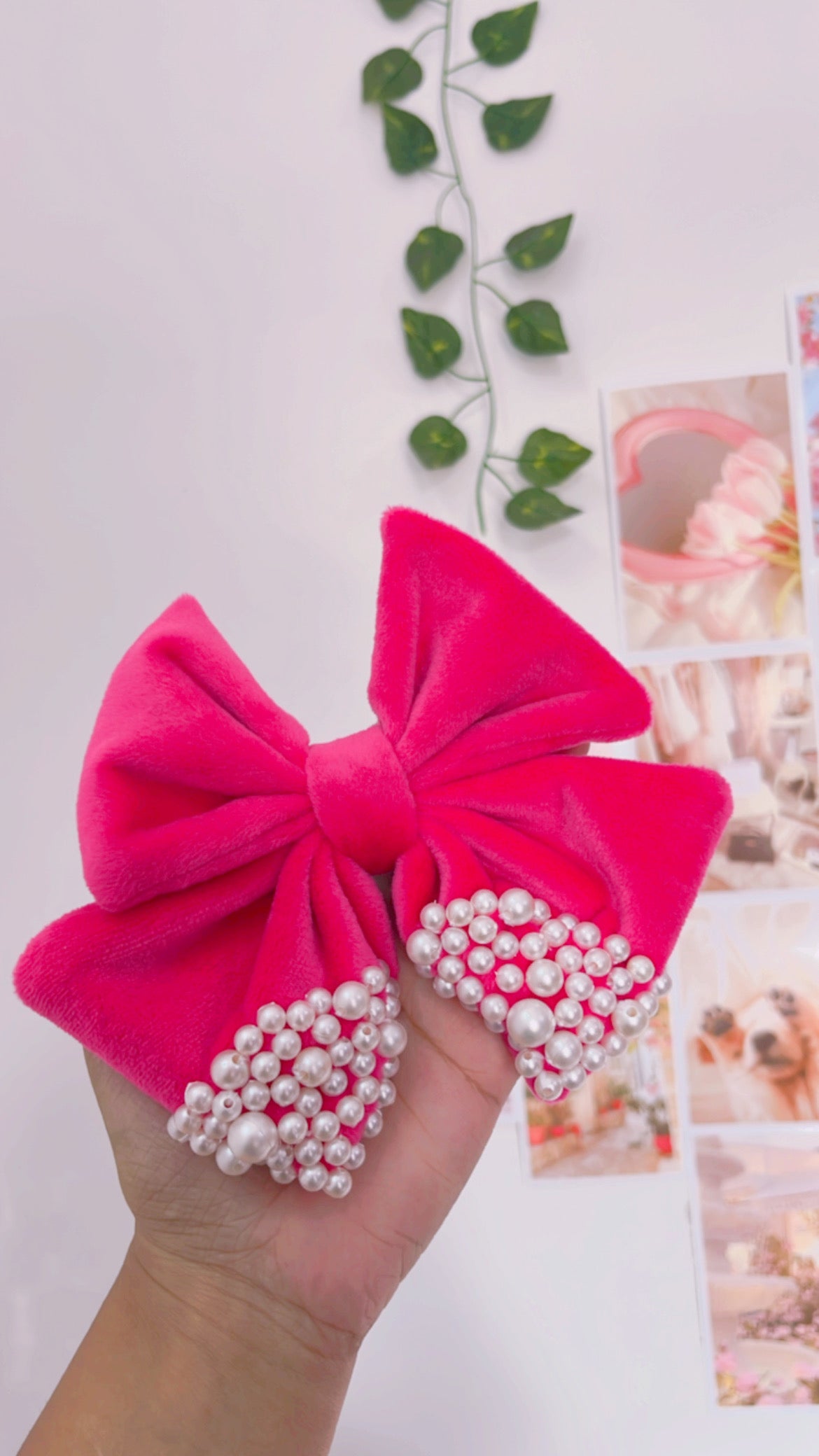 Hot Pink Pearl Velvet Hairbow