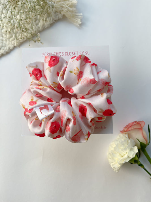 Pink Floral Satin Scrunchie