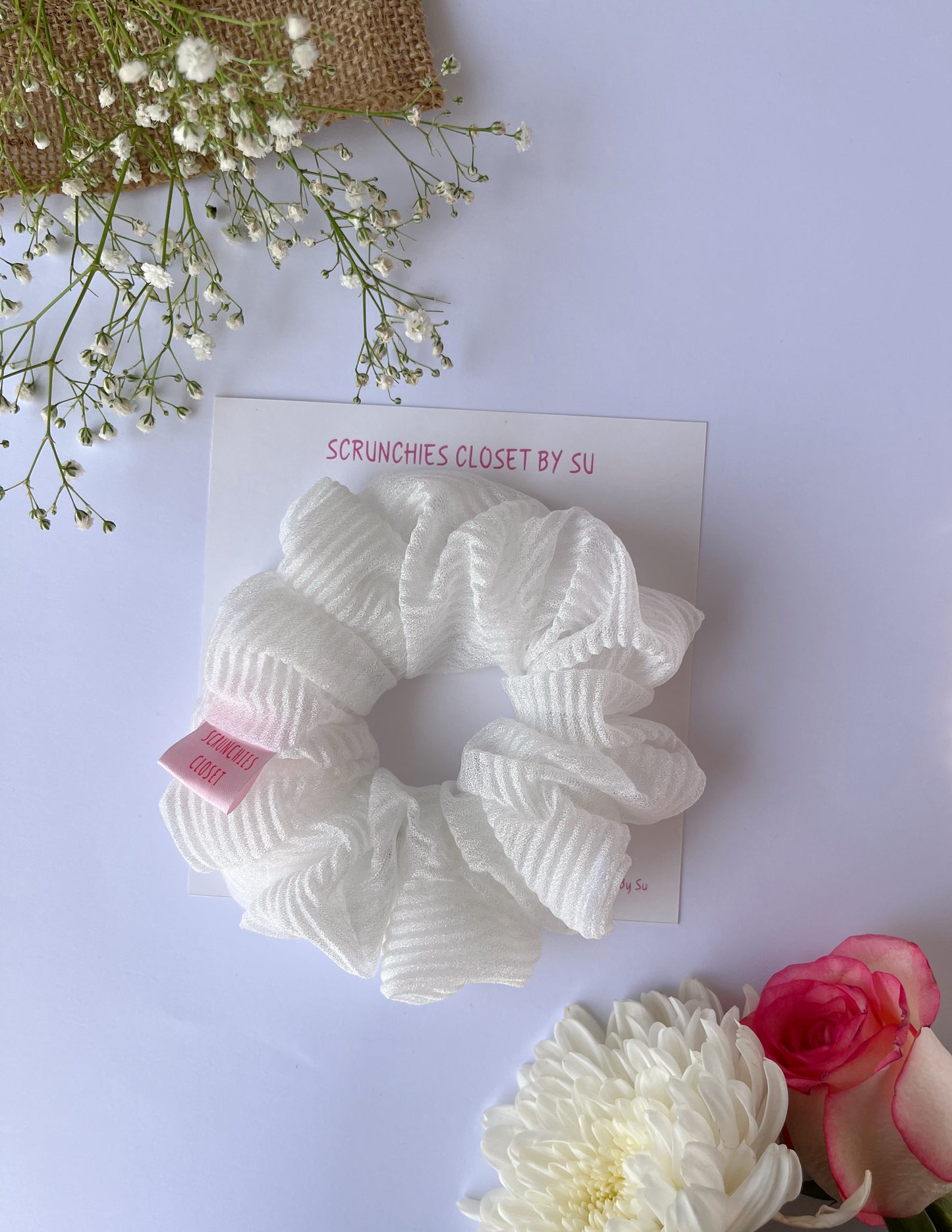 White Crepe Pleated Scrunchie