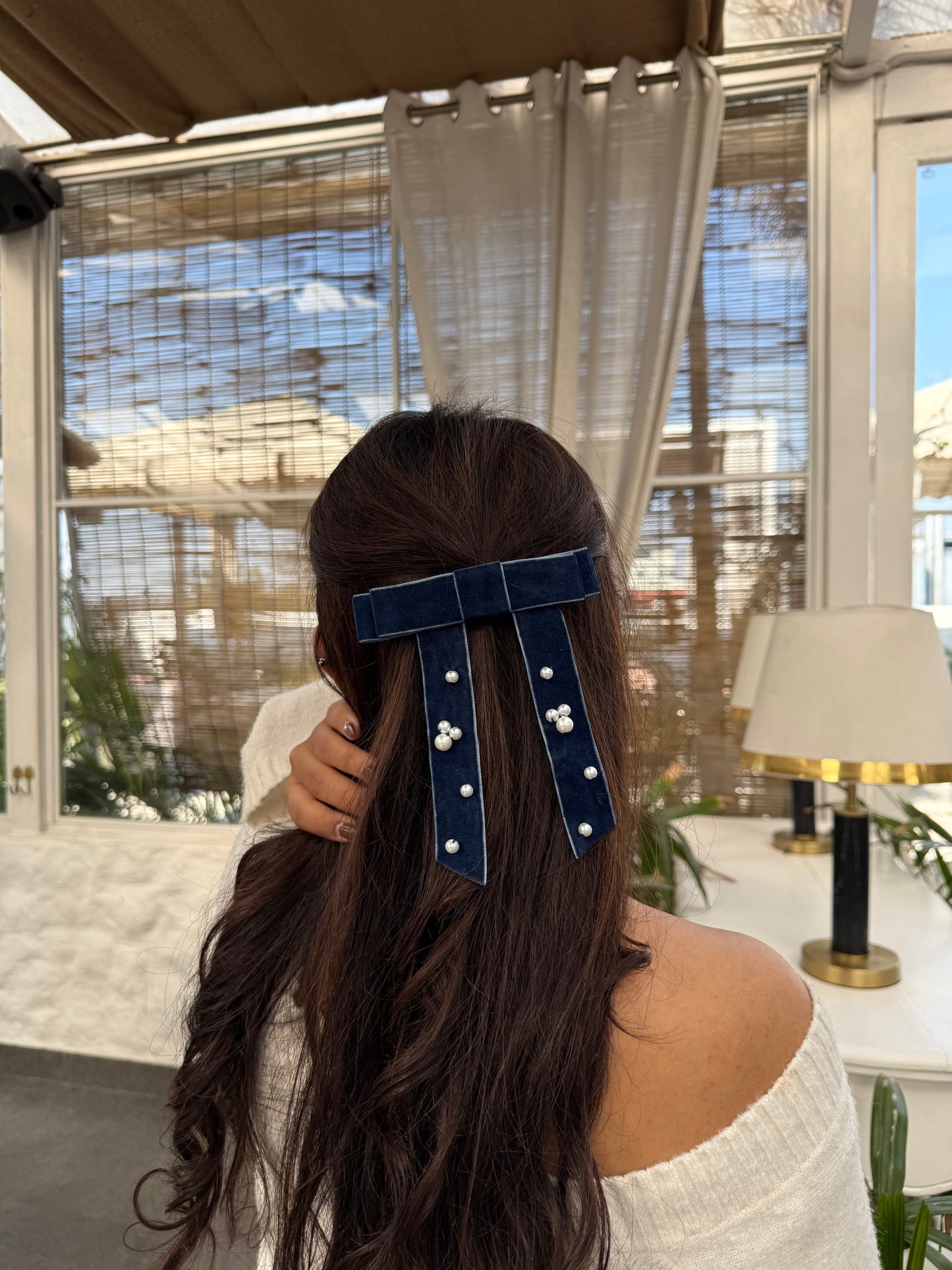 Sapphire Velvet Pearl Bow