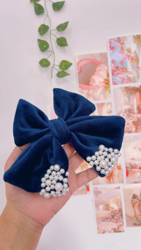 Navy Blue Pearl Velvet Hairbow