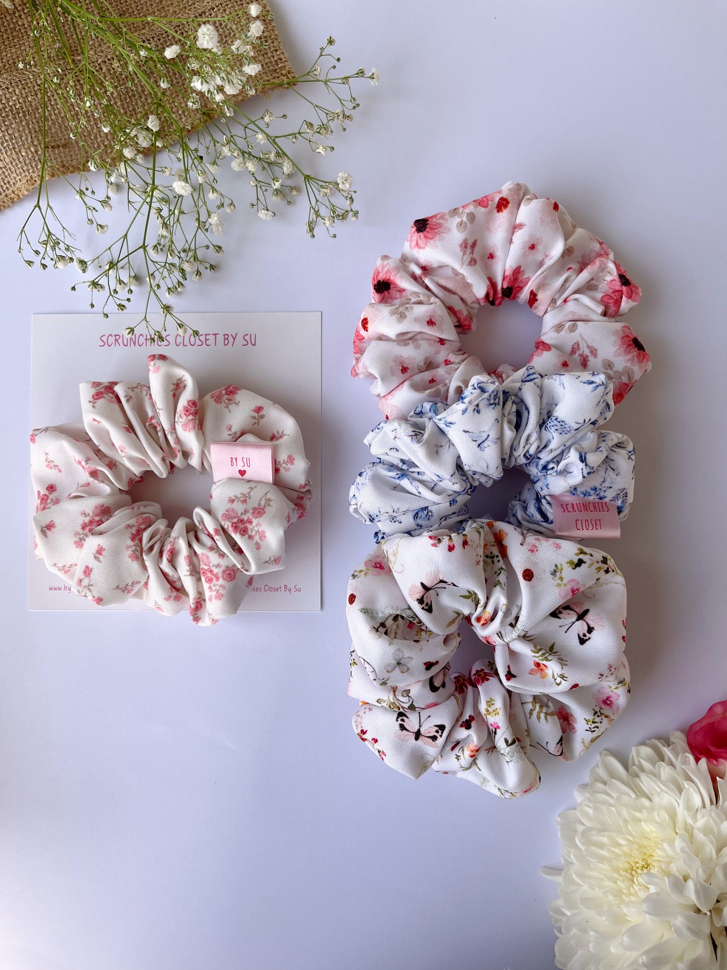 Cotton Floral Scrunchies - Pack of 4