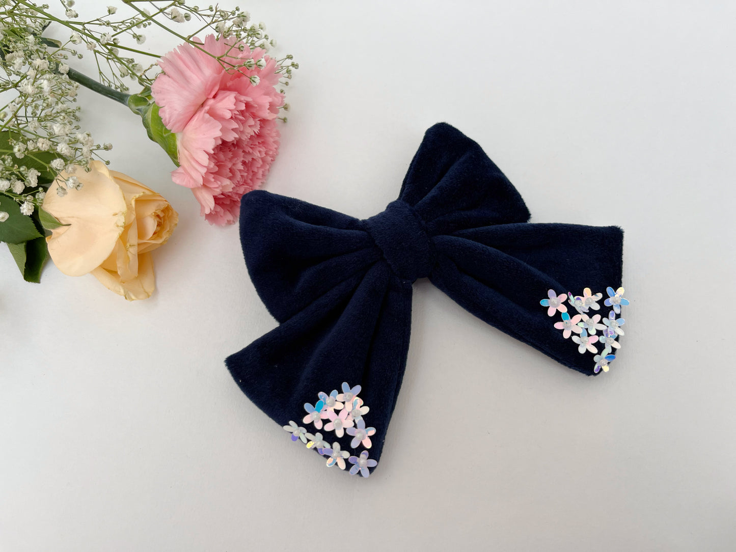 Navy Blue Velvet Sequin Bow