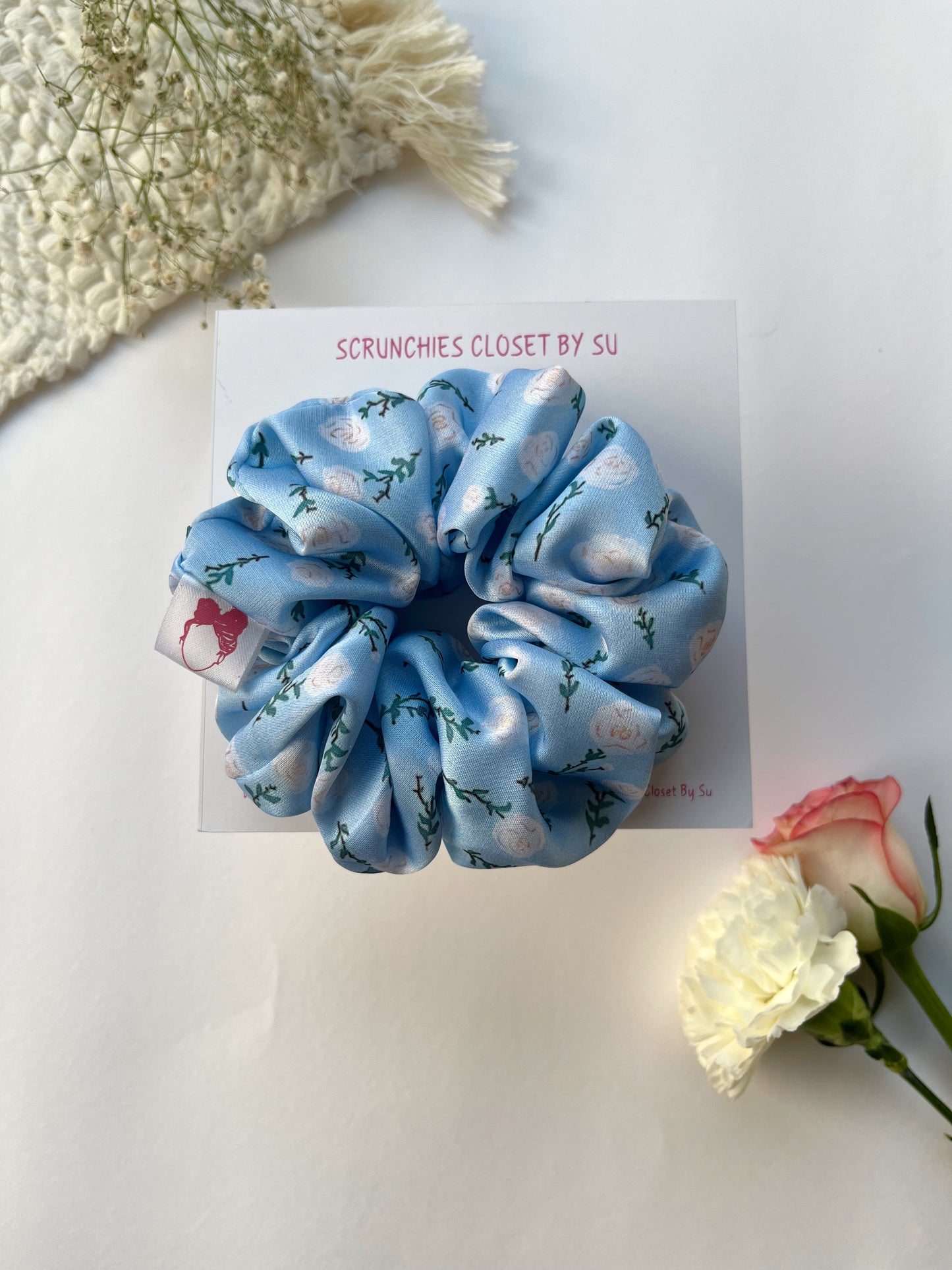 Sky Floral Satin Scrunchie