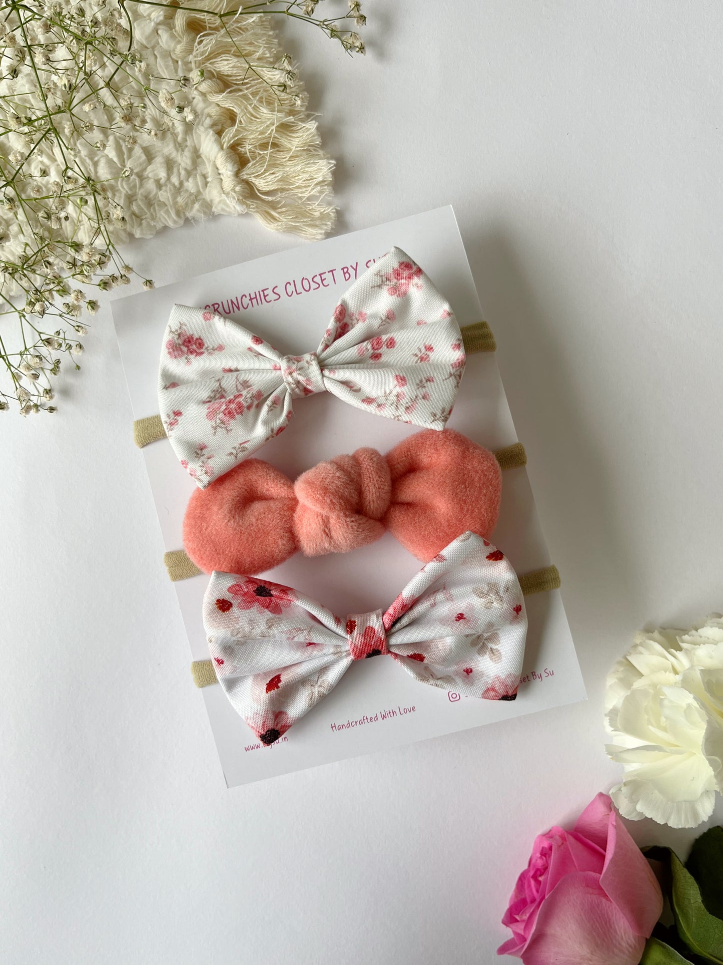 Peachy Floral Nylon Bow Headband Combo