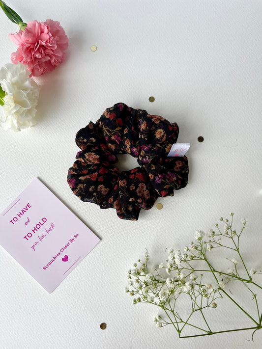 Black Floral Georgette Scrunchie