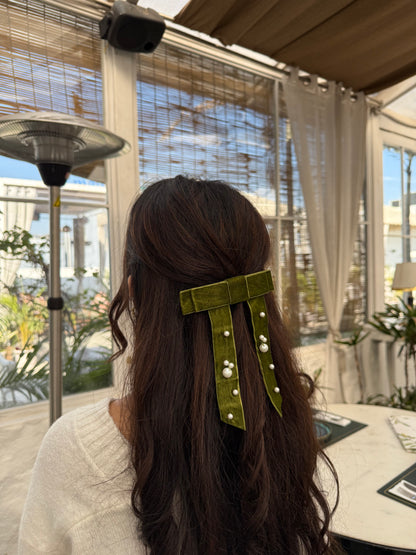 Mossy Meadow Velvet Pearl Bow