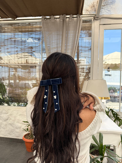 Sapphire Velvet Pearl Bow