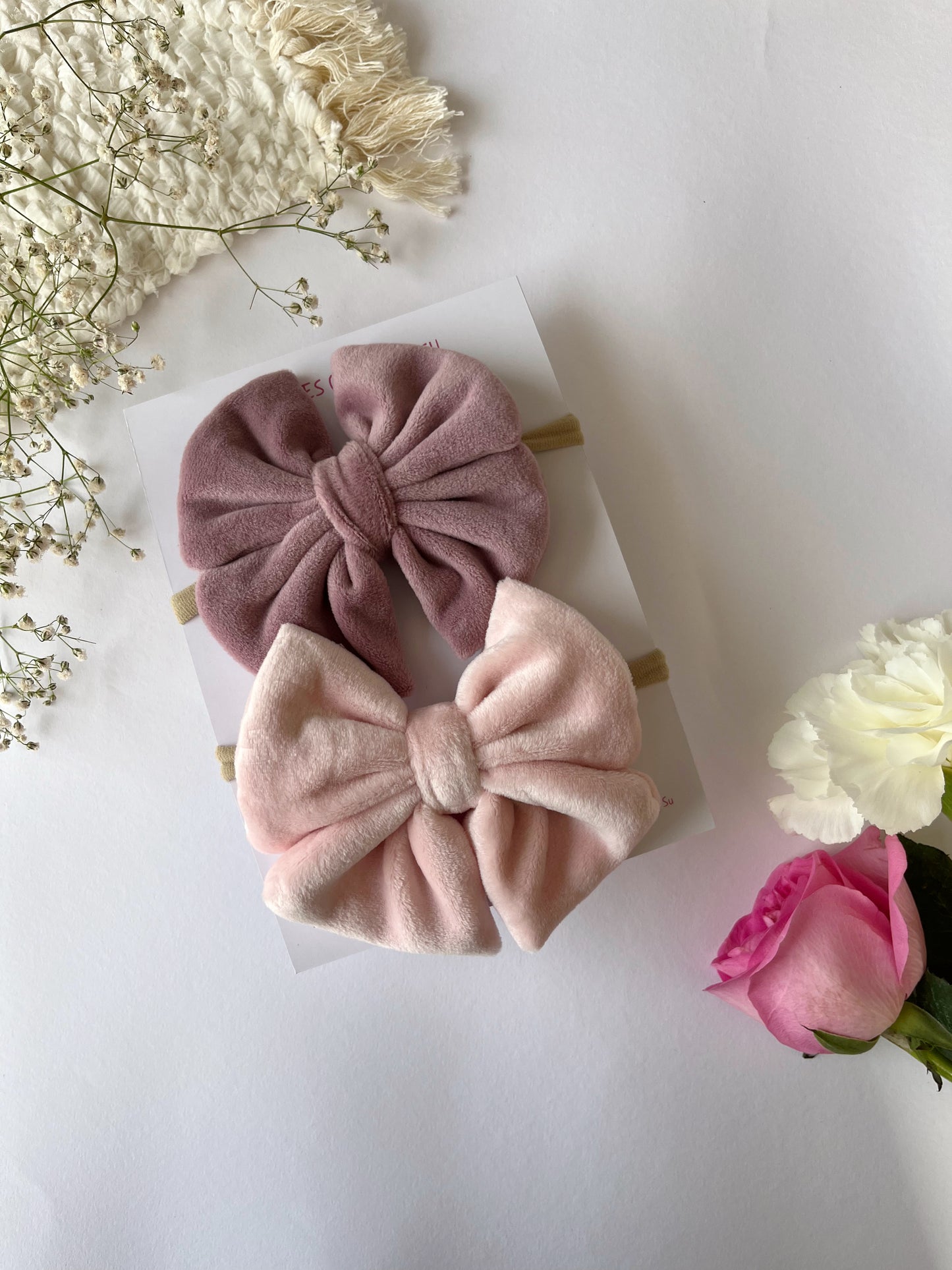 Cozy Velvet Nylon Bow Headband Combo (Dusty Lilac & Baby Pink)