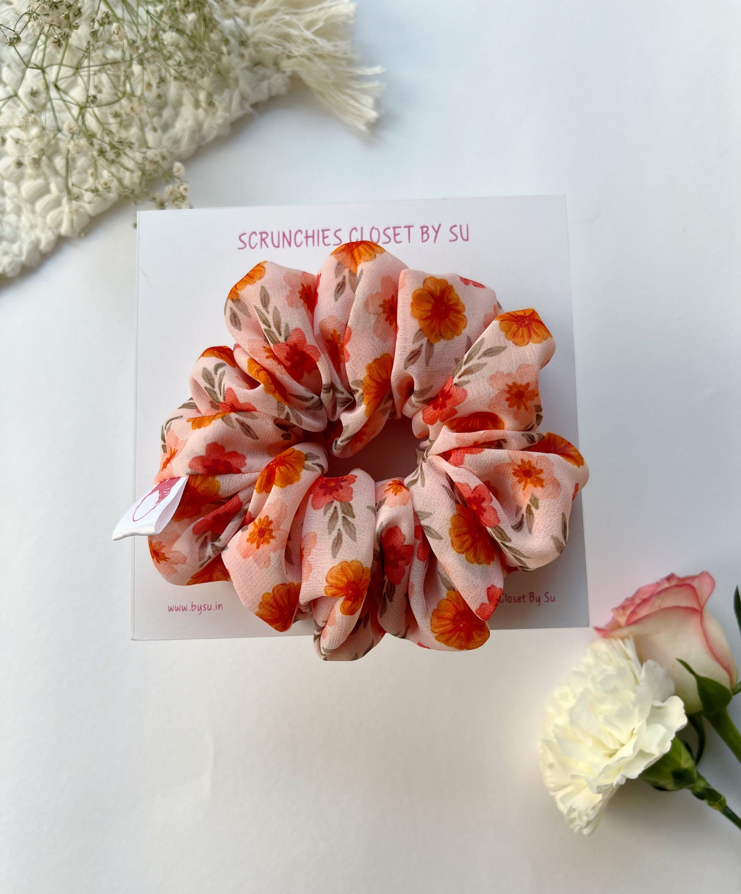 Orange Floral Georgette Scrunchie