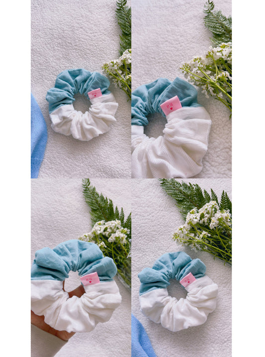 White & Teal Blue Duo Corduroy Scrunchie