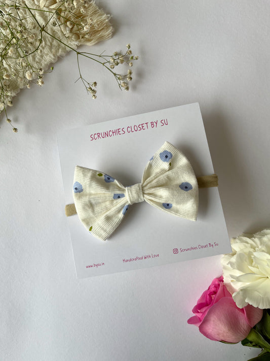 White Floral Corduroy Nylon Bow Headband