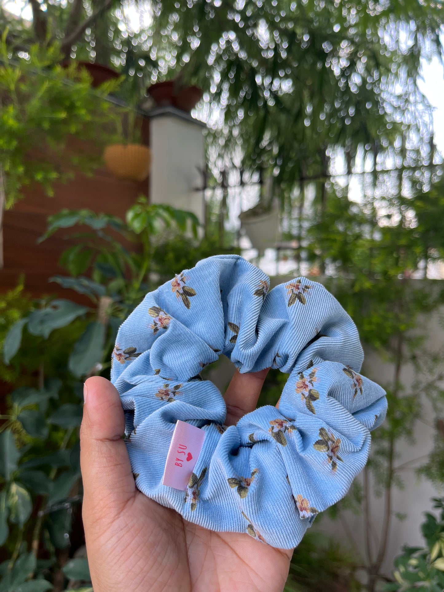 Blue Floral Corduroy Scrunchie