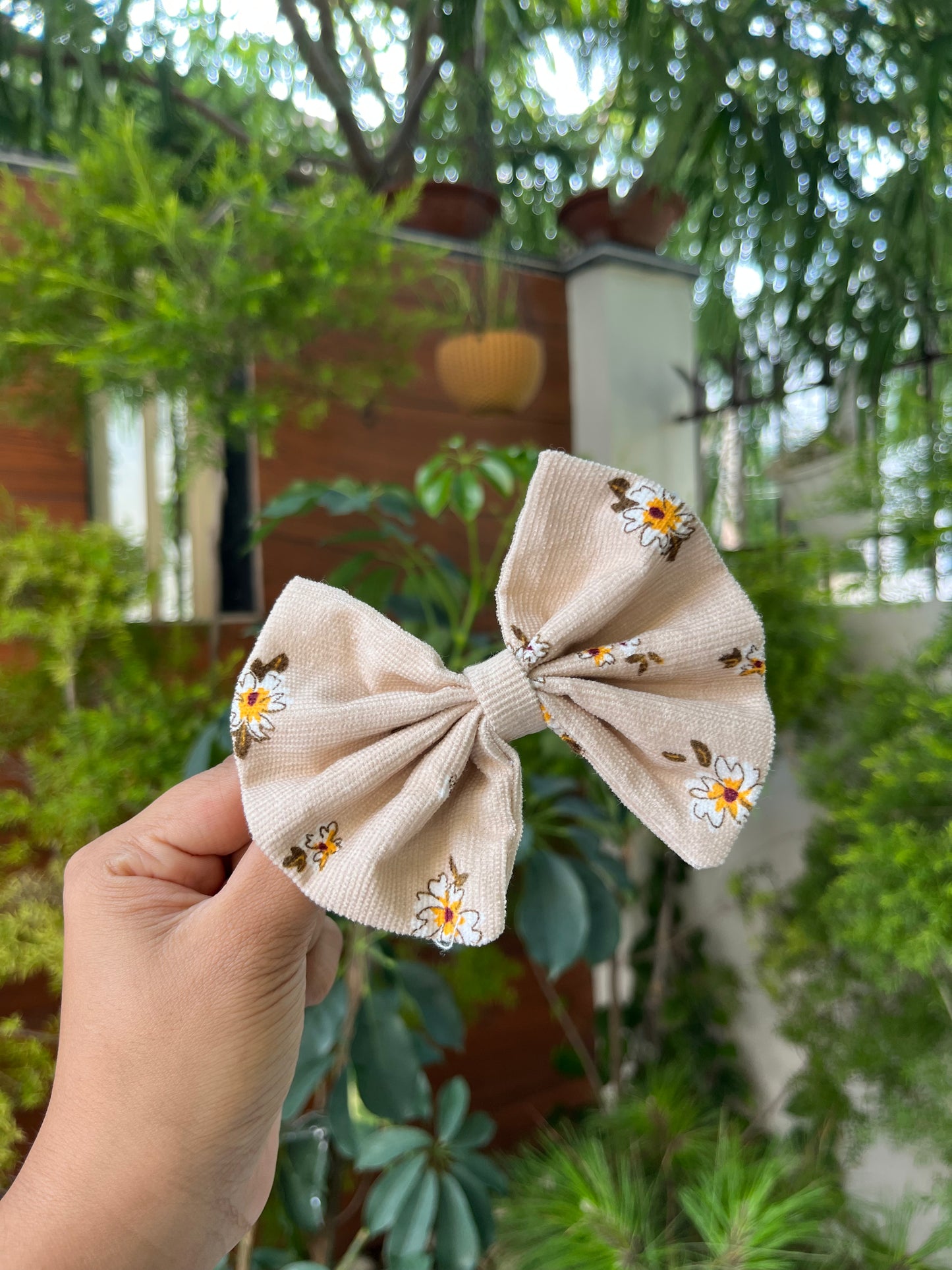 Brown Floral Corduroy Hairbow