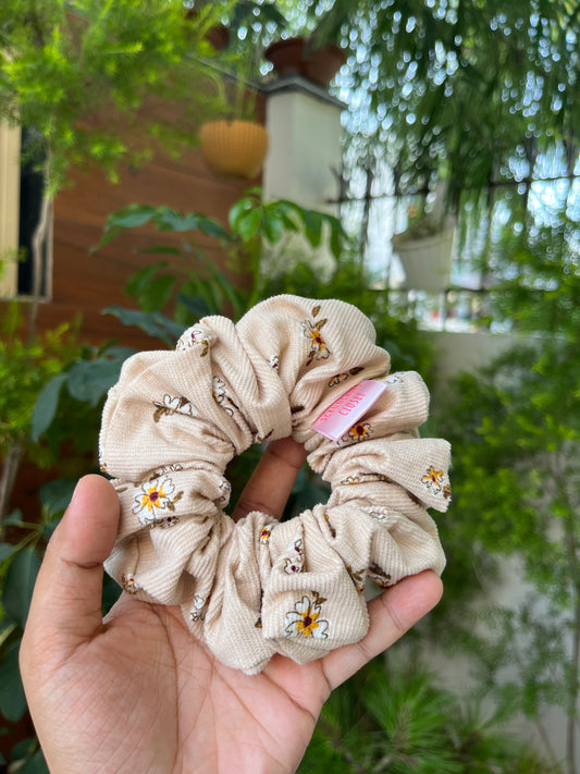 Brown Floral Corduroy Scrunchie