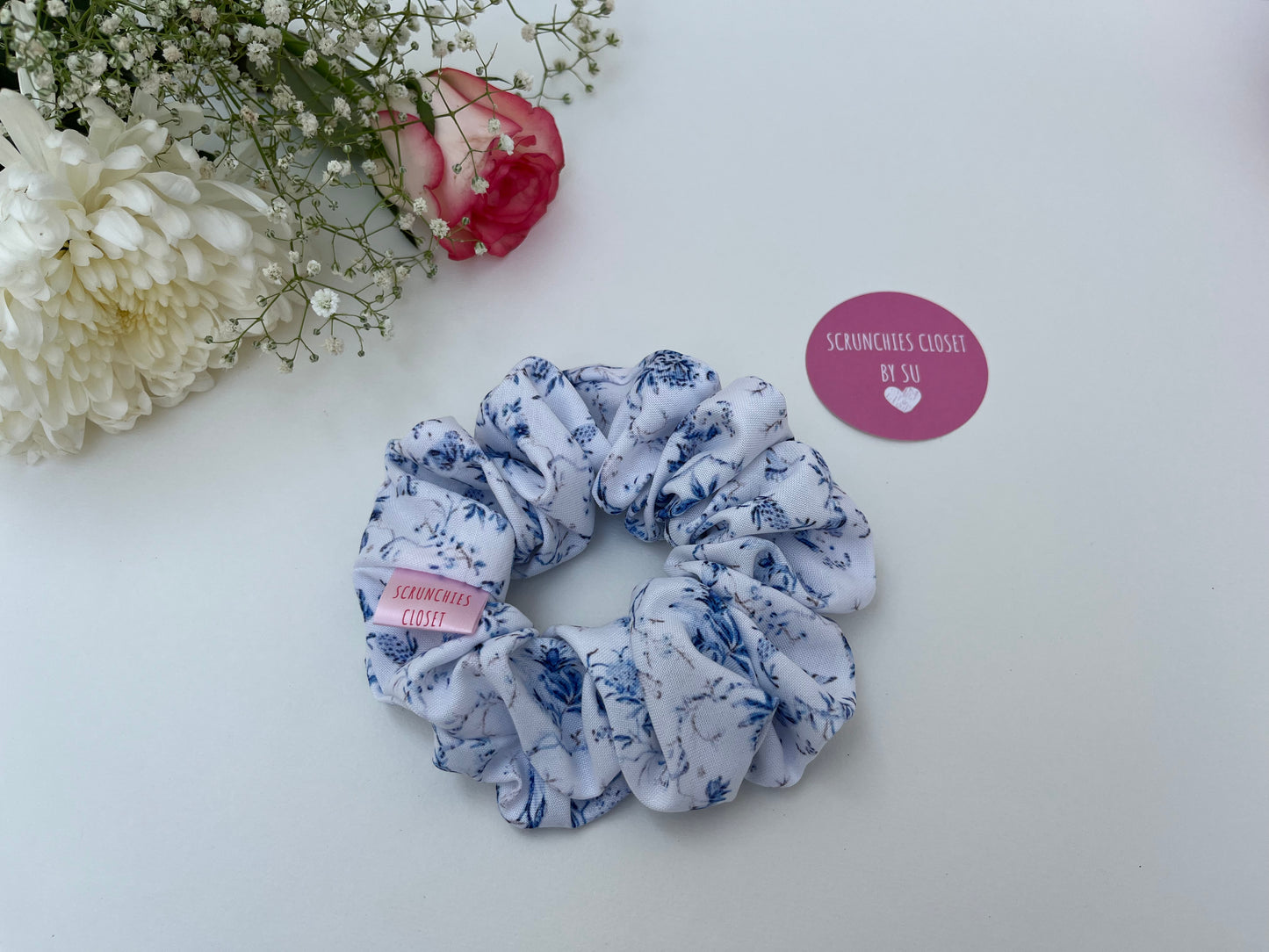 Blue Floral Scrunchie